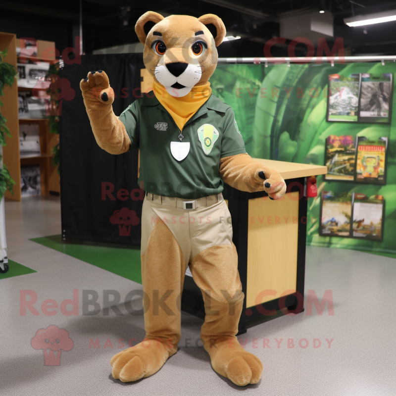 Olive Mountain Lion mascot costume character dressed with a Shorts and Lapel pins Olive Mountain Lion mascot costume character dressed with a Shorts and Lapel pins