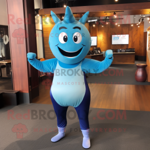 Blue Steak mascot costume character dressed with a Yoga Pants and Cummerbunds