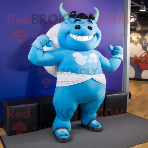 Blue Steak mascot costume character dressed with a Yoga Pants and Cummerbunds