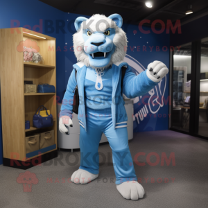 Blue Saber-Toothed Tiger mascot costume character dressed with a Sweatshirt and Briefcases