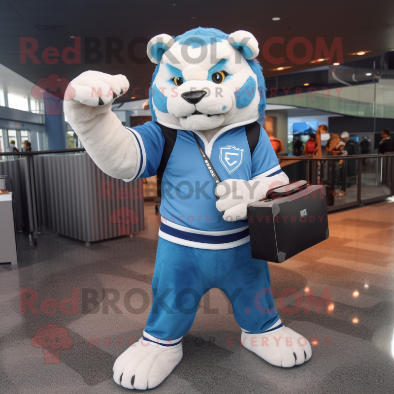 Blue Saber-Toothed Tiger mascot costume character dressed with a Sweatshirt and Briefcases