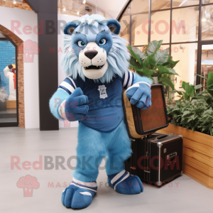 Blue Saber-Toothed Tiger mascot costume character dressed with a Sweatshirt and Briefcases
