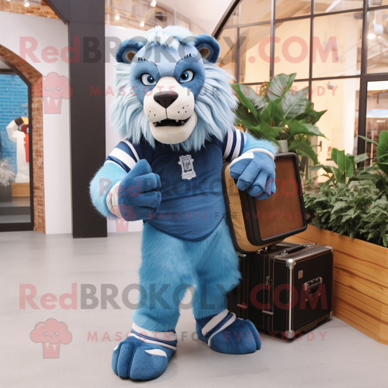 Blue Saber-Toothed Tiger mascot costume character dressed with a Sweatshirt and Briefcases