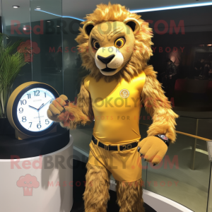 Gold Tamer Lion mascot costume character dressed with a Swimwear and Bracelet watches