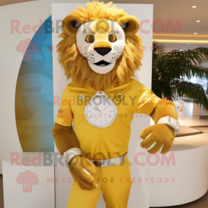 Gold Tamer Lion mascot costume character dressed with a Swimwear and Bracelet watches