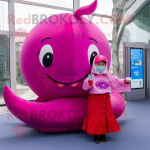 Magenta Whale mascot costume character dressed with a Circle Skirt and Keychains