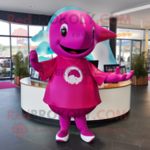 Magenta Whale mascot costume character dressed with a Circle Skirt and Keychains