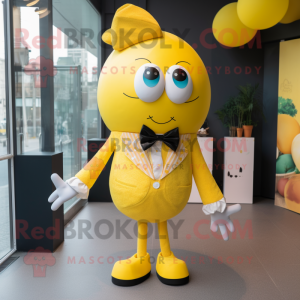 Yellow Shakshuka mascot costume character dressed with a Blouse and Bow ties