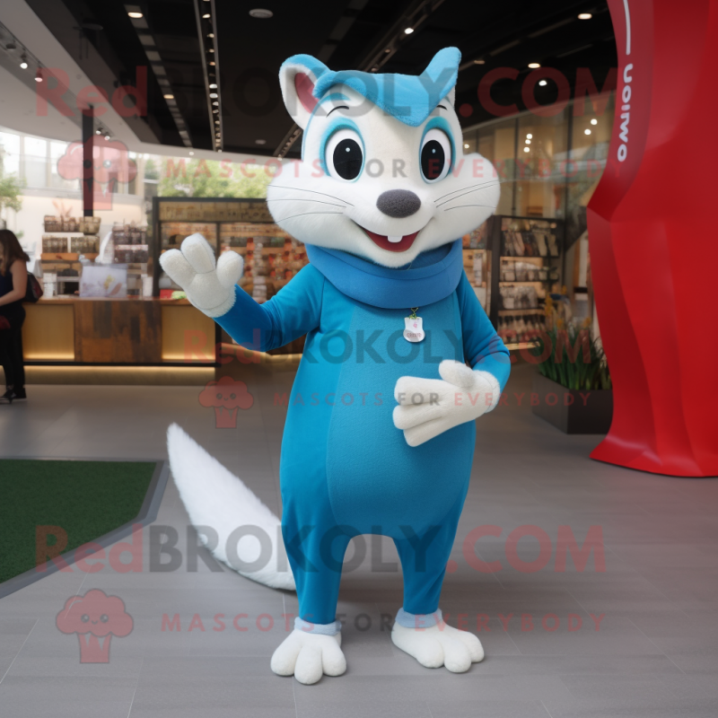 Sky Blue Weasel mascot costume character dressed with a Long Sleeve Tee and Brooches