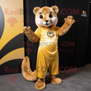 Gold Jaguarundi mascot costume character dressed with a Henley Tee and Hairpins