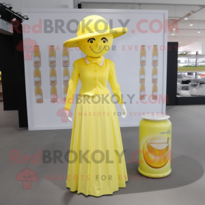 Lemon Yellow Soda Can mascot costume character dressed with a Sheath Dress and Hat pins