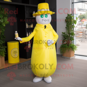 Lemon Yellow Soda Can mascot costume character dressed with a Sheath Dress and Hat pins