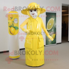 Lemon Yellow Soda Can mascot costume character dressed with a Sheath Dress and Hat pins