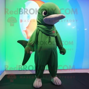 Forest Green Dolphin mascot costume character dressed with a Bodysuit and Scarf clips