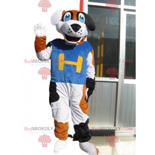 Gray mouse mascot with a Christmas hat and scarf -