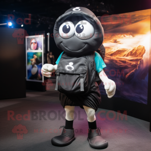 Black Oyster mascot costume character dressed with a Playsuit and Backpacks