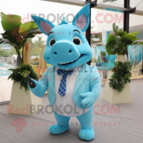 Sky Blue Rhinoceros mascot costume character dressed with a Swimwear and Pocket squares