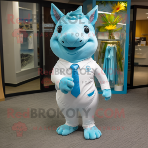 Sky Blue Rhinoceros mascot costume character dressed with a Swimwear and Pocket squares