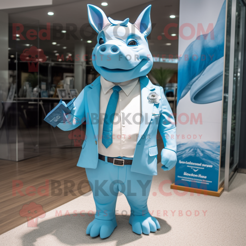 Sky Blue Rhinoceros mascot costume character dressed with a Swimwear and Pocket squares Sky Blue Rhinoceros mascot costume character dressed with a Swimwear and Pocket squares