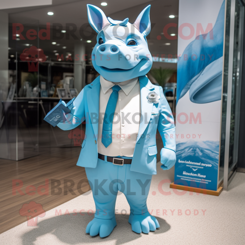 Sky Blue Rhinoceros mascot costume character dressed with a Swimwear and Pocket squares