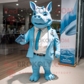 Sky Blue Rhinoceros mascot costume character dressed with a Swimwear and Pocket squares