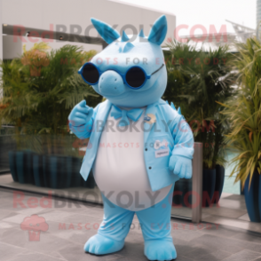 Sky Blue Rhinoceros mascot costume character dressed with a Swimwear and Pocket squares