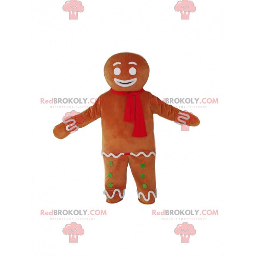Lebkuchenmann-Maskottchen mit einem roten Schal - Redbrokoly.com