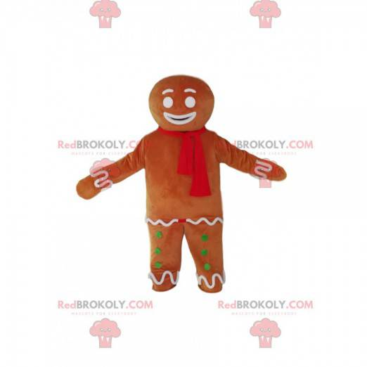 Lebkuchenmann-Maskottchen mit einem roten Schal - Redbrokoly.com