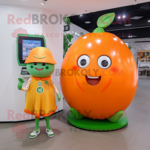 Orange Melon mascot costume character dressed with a A-Line Dress and Smartwatches