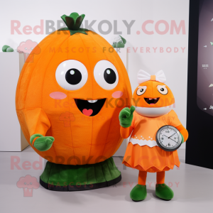 Orange Melon mascot costume character dressed with a A-Line Dress and Smartwatches