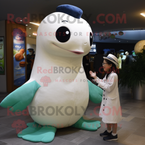 Cream Humpback Whale mascot costume character dressed with a Mini Dress and Watches