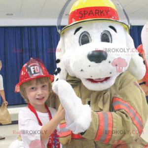 Mascotte cane bianco vestito da vigile del fuoco -