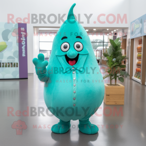 Teal Pear mascot costume character dressed with a Button-Up Shirt and Mittens