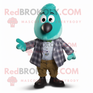 Teal Pear mascot costume character dressed with a Button-Up Shirt and Mittens