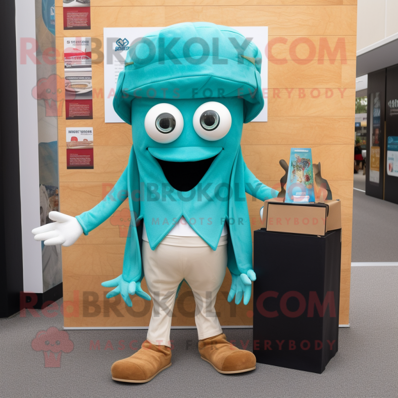Teal Fried Calamari mascot costume character dressed with a Capri Pants and Wallets Teal Fried Calamari mascot costume character dressed with a Capri Pants and Wallets