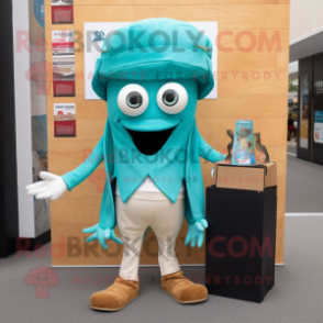 Teal Fried Calamari mascot costume character dressed with a Capri Pants and Wallets