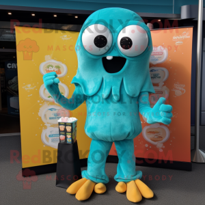 Teal Fried Calamari mascot costume character dressed with a Capri Pants and Wallets