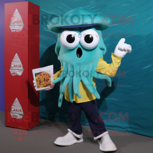 Teal Fried Calamari mascot costume character dressed with a Capri Pants and Wallets