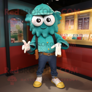 Teal Fried Calamari mascot costume character dressed with a Capri Pants and Wallets