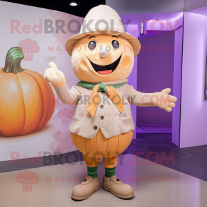 Beige Pumpkin mascot costume character dressed with a Cardigan and Hat pins