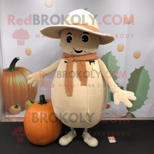 Beige Pumpkin mascot costume character dressed with a Cardigan and Hat pins