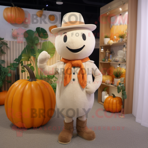 Beige Pumpkin mascot costume character dressed with a Cardigan and Hat pins