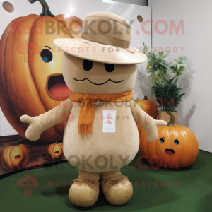 Beige Pumpkin mascot costume character dressed with a Cardigan and Hat pins