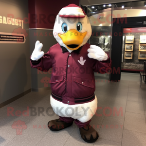 Maroon Geese mascot costume character dressed with a Bomber Jacket and Mittens