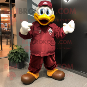 Maroon Geese mascot costume character dressed with a Bomber Jacket and Mittens
