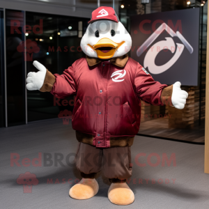 Maroon Geese mascot costume character dressed with a Bomber Jacket and Mittens