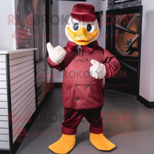 Maroon Geese mascot costume character dressed with a Bomber Jacket and Mittens