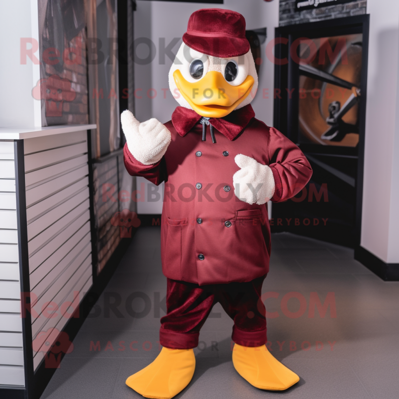 Maroon Geese mascot costume character dressed with a Bomber Jacket and Mittens Maroon Geese mascot costume character dressed with a Bomber Jacket and Mittens