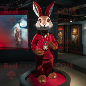 Maroon Rabbit mascot costume character dressed with a Henley Tee and Necklaces
