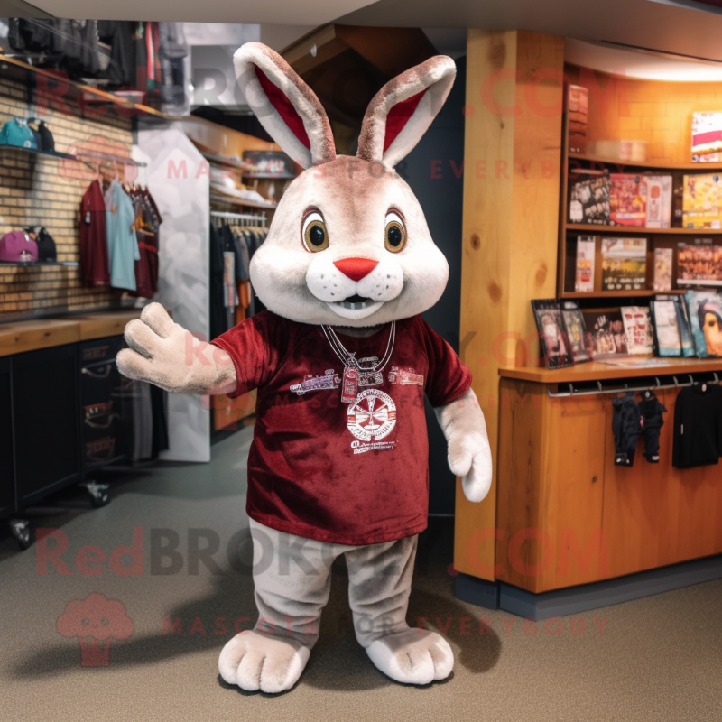 Maroon Rabbit mascot costume character dressed with a Henley Tee and Necklaces